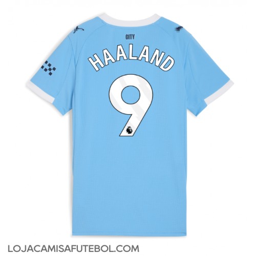 Camisa de Futebol Manchester City Erling Haaland #9 Equipamento Principal Mulheres 2025-26 Manga Curta Camisa de Futebol Manchester City Erling Haaland #9 Equipamento Principal Mulheres 2025-26 Manga Curta